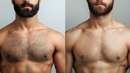 This image features two male models standing side by side, showcasing distinct differences in chest hair and beard styles against a plain background