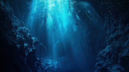 A breathtaking shot of a deep, turquoise-blue sea trench with bioluminescent creatures illuminating the dark depths, Sea trench scene