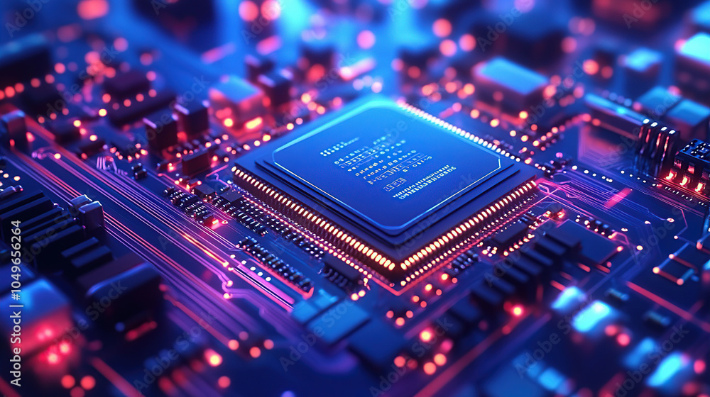 Poster close-up of a glowing microchip on a circuit board, with a chip in the middle