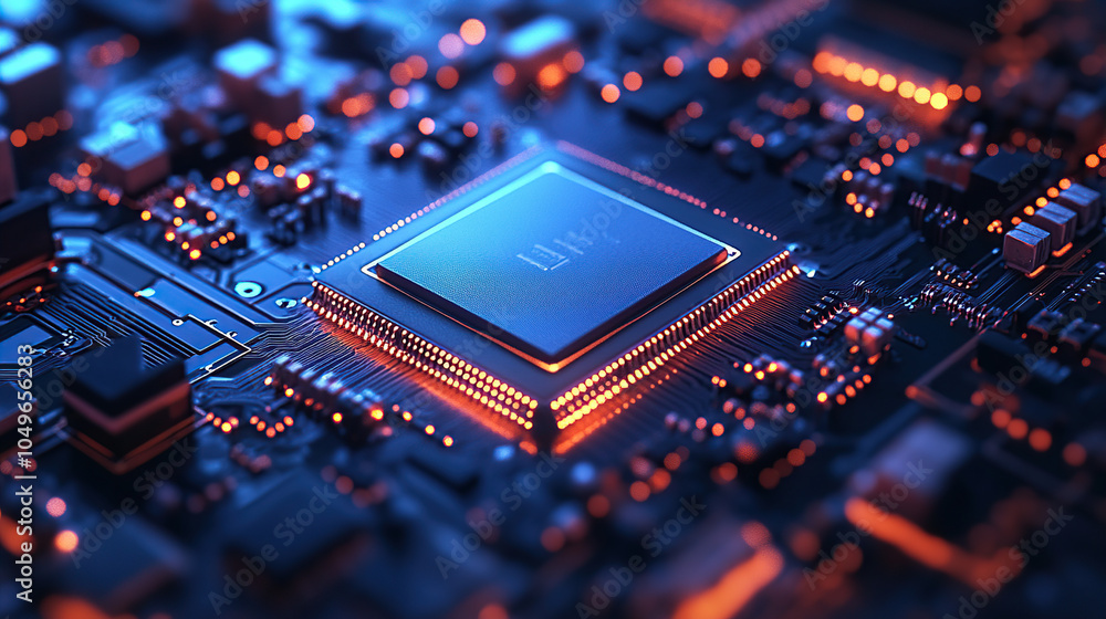 Poster close-up of a glowing microchip on a circuit board, with a chip in the middle