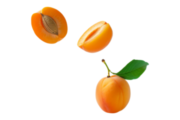 Fresh Apricot with leaves and slice falling in the air isolated on background, flat lay view of tropical fruit with high essential vitamins and minerals.