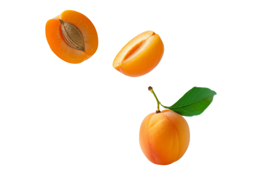 Fresh Apricot with leaves and slice falling in the air isolated on background, flat lay view of tropical fruit with high essential vitamins and minerals.