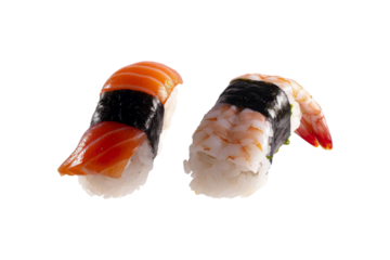 Two pieces of Salmon and Shrimp sushi topped on rice and wrapped by seaweed isolated on background.