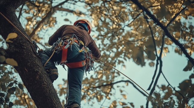 A tree surgeon methodically climbs a tree equipped with safety gear, focusing on pruning branches while surrounded by vibrant autumn leaves in a residential neighborhood