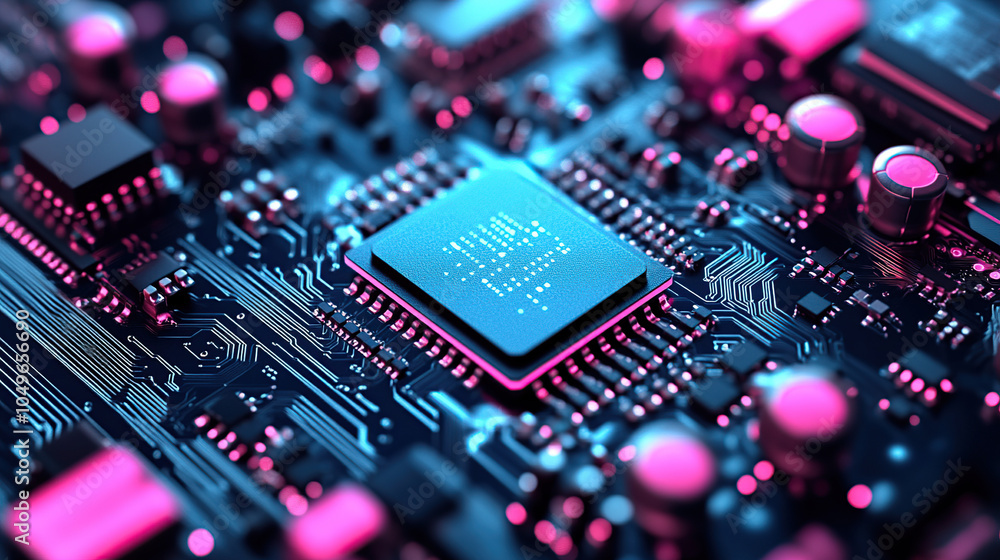 Poster close-up of a glowing microchip on a circuit board, with a chip in the middle