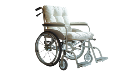 Empty leather seat white wheelchair parked isolated on cut out PNG or transparent background. Patient transport equipment. For sending sick people to hospitals or wheelchair for disabled.