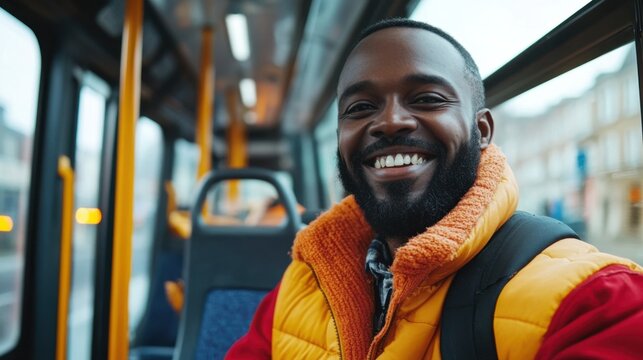 Cheerful bus operator interacting with passengers, diverse bus interior, welcoming atmosphere, promoting public service, ready for stock images,
