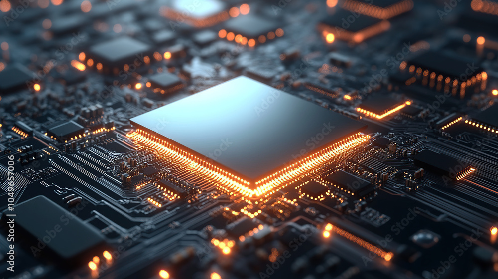 Aufkleber close-up of a glowing microchip on a circuit board, with a chip in the middle