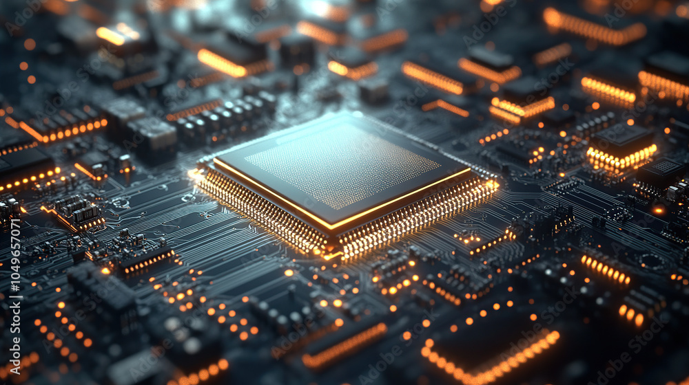 Poster close-up of a glowing microchip on a circuit board, with a chip in the middle