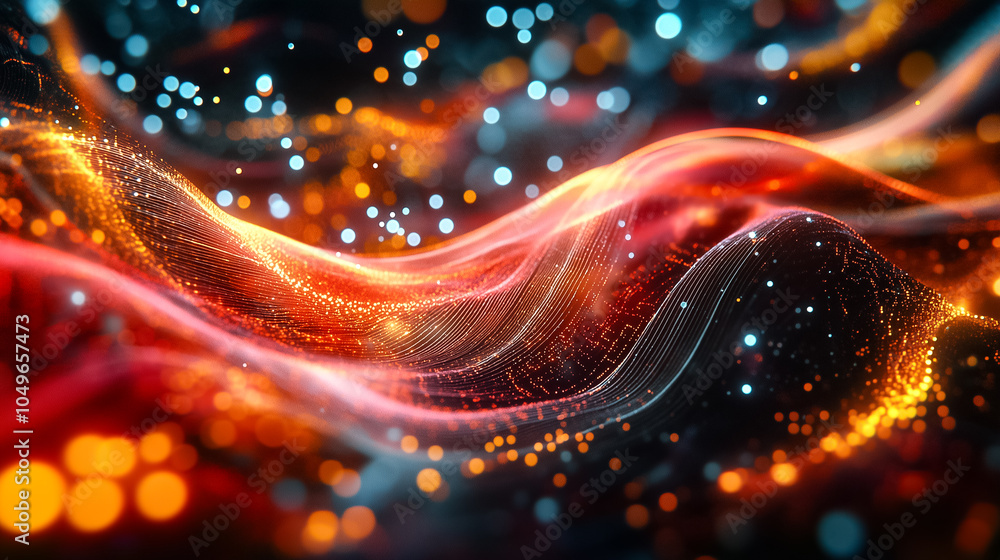 Fototapete Bright data streams weave through a digital environment, showcasing movement and energy in an abstract form