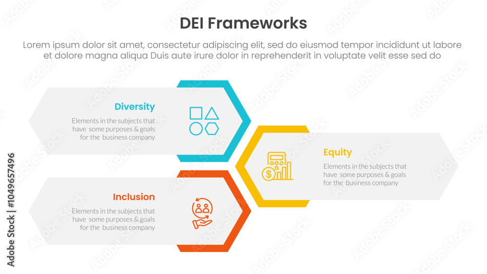 Poster dei organizational frameworks infographic 3 point with vertical hexagon shape layout for slide prese