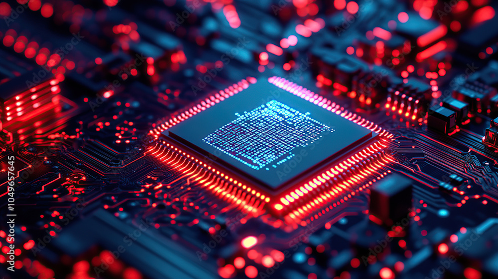 Poster close-up of a glowing microchip on a circuit board, with a chip in the middle