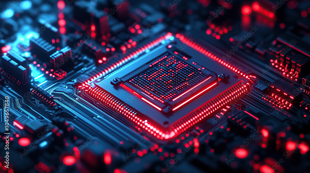 Poster close-up of a glowing microchip on a circuit board, with a chip in the middle