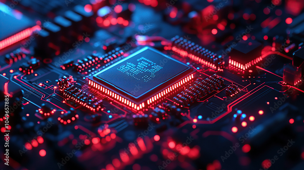 Poster close-up of a glowing microchip on a circuit board, with a chip in the middle