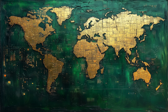 The artwork depicts a gold binary world map on a rich green background, highlighting digital themes