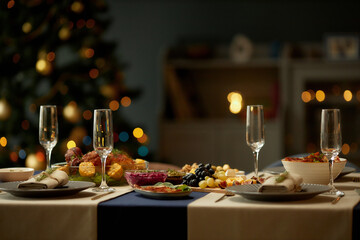 Still life shot of empty champagne flutes served with fruit and cheese platters on festive dinner table while Christmas lights glowing in blurred background, copy space
