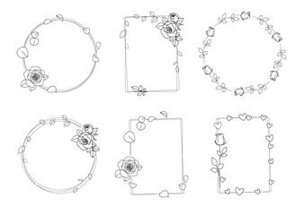 Set of love rectangle and circle frames with line garden rose, leaf, petal, heart. Valentine's day or wedding design elements. Hand drawn sketch. Vector illustration.
