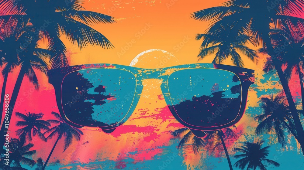 Poster silhouetted sunglasses capture a colorful sunset over palm trees, creating a perfect summer atmosphe