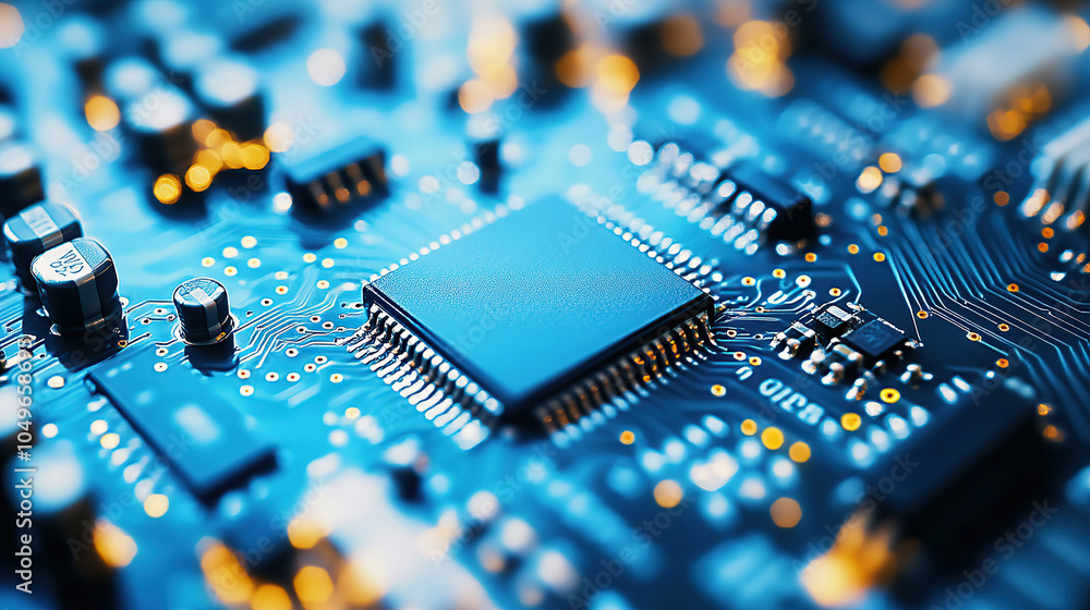 Poster close-up of a glowing microchip on a circuit board, with a chip in the middle