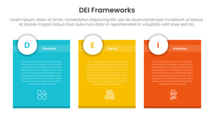DEI organizational frameworks infographic 3 point with box container table with circle badge header for slide presentation