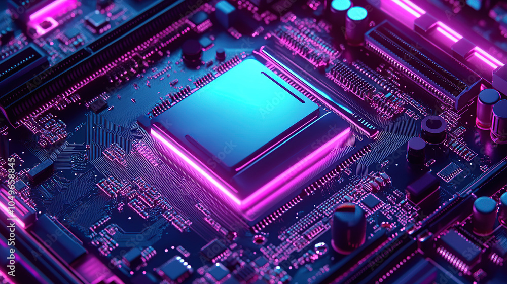 Poster close-up of a glowing microchip on a circuit board, with a chip in the middle