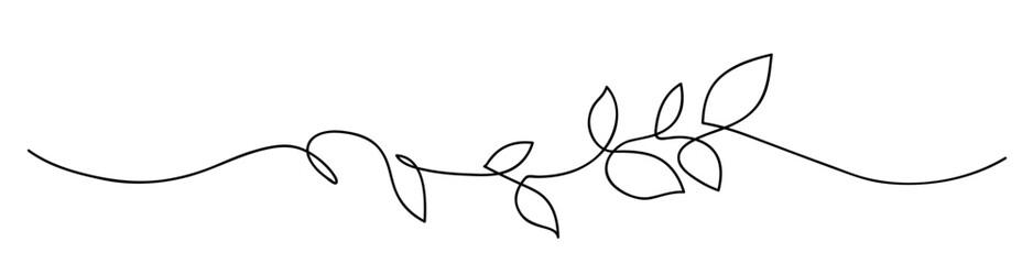 One line drawing. Outline twig with leaf. Abstract decorative horizontal border element with stem and leaves.  Frame design element. Vector illustration.