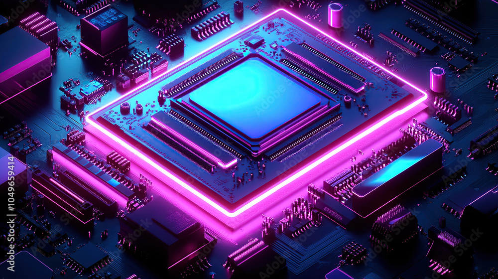 Poster close-up of a glowing microchip on a circuit board, with a chip in the middle