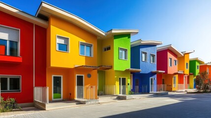 Fototapeta premium Colorful modern houses lined up in a vibrant urban setting.