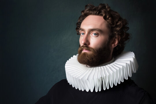 Man with beard and ruff collar posing in historical costume for renaissance style portrait