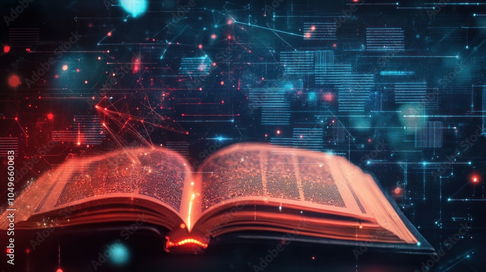Poster an open book surrounded by glowing digital elements, symbolizing knowledge and technology.