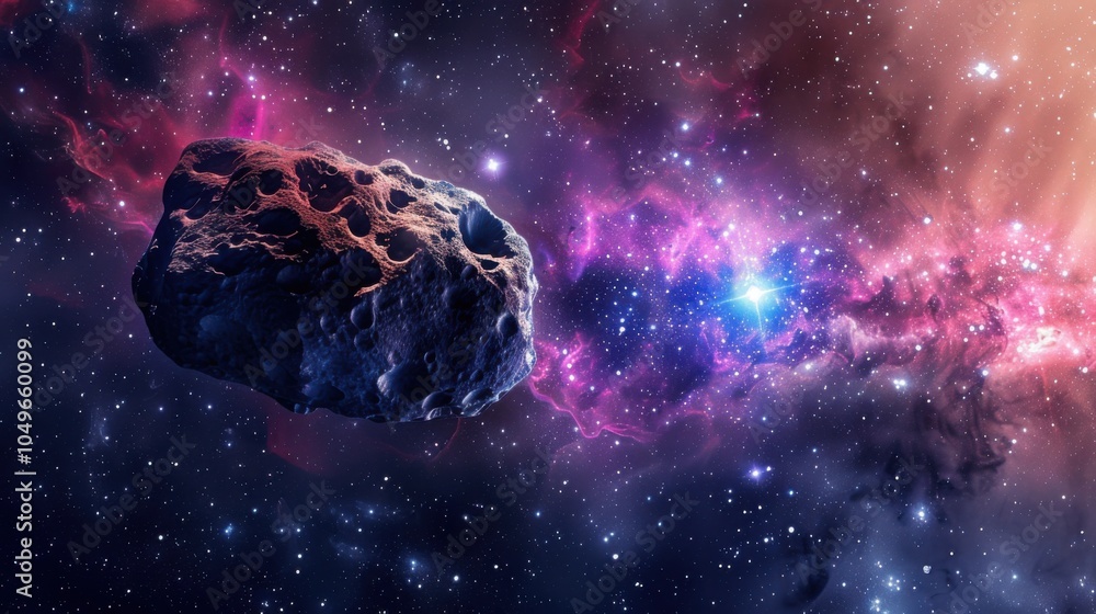 Poster A breathtaking shot of a secluded asteroid with intricate surface patterns and a striking nebula illuminating the cosmic landscape, Secluded asteroid scene, Nebula style