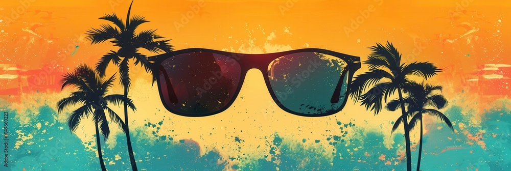 Poster the silhouette of sunglasses overlays a colorful background of a beach sunset with palm trees, evoki