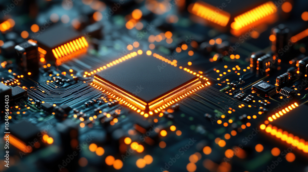 Poster close-up of a glowing microchip on a circuit board, with a chip in the middle