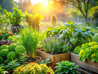 green garden scene with a variety of fresh herbs and vegetables