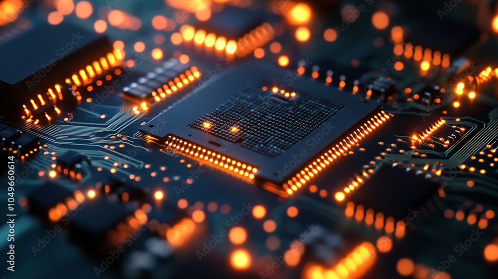Poster close-up of a glowing microchip on a circuit board, with a chip in the middle