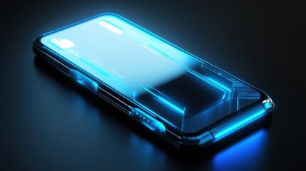 A futuristic smartphone with a glowing design on a dark surface.