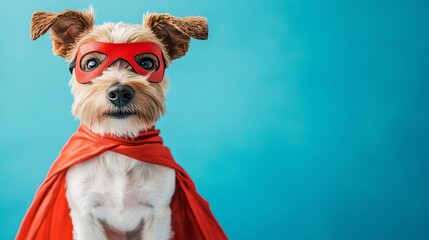 A small dog wears a superhero costume with a red cape and mask, against a blue background, embodying a playful and heroic spirit.