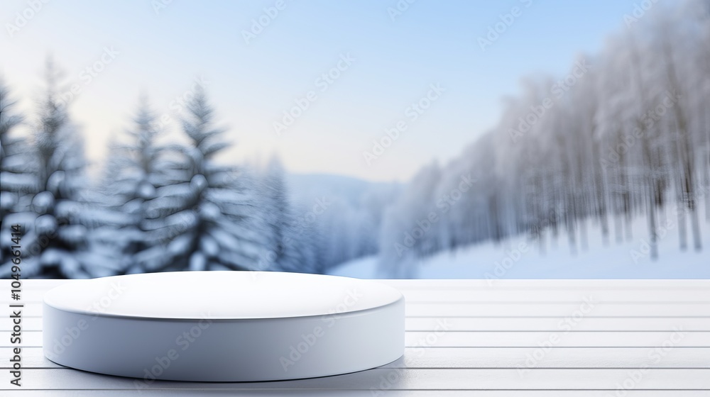Poster snowy winter landscape with a circular display platform in a serene forest setting