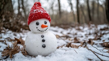 Obraz premium A cheerful snowman with a red hat stands in a snowy forest, surrounded by fallen leaves, embodying the essence of winter fun.