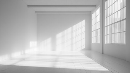 White room empty studio copy space background, big white room with big windows, Interior design perspective wide shot. large clean apartment. 