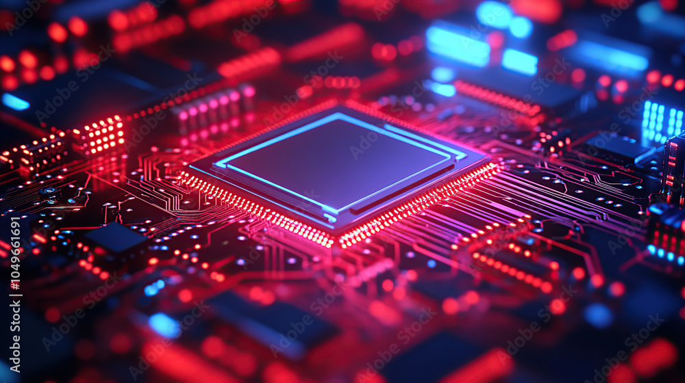 Poster close-up of a glowing microchip on a circuit board, with a chip in the middle