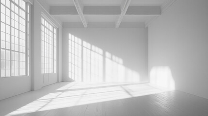 Obraz premium Empty Interior Room with White Background 3D Render Illustration, White open space office interior with blank wall.