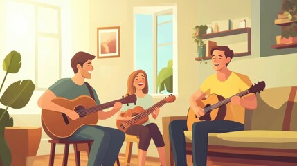 Family enjoying music time at home, singing and playing instruments together, cheerful and lively, promoting joyful bonding, stock-ready,