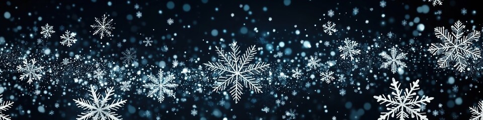 Snowflakes falling gently against dark blue night sky