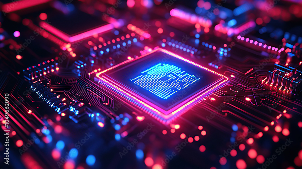 Poster close-up of a glowing microchip on a circuit board, with a chip in the middle