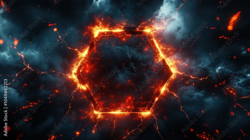 Aufkleber a fiery hexagonal frame surrounded by dark clouds and glowing lava-like elements.