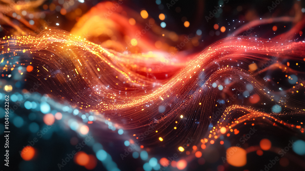 Poster dynamic data streams ripple with vibrant colors and glowing particles, symbolizing the flow of infor