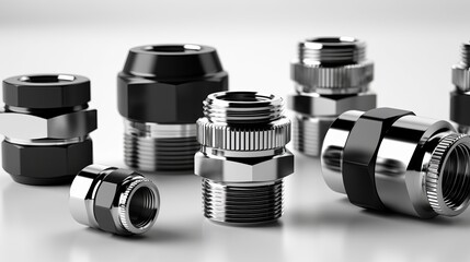 Various metallic pipe fittings arranged artistically on a smooth surface in a well-lit environment