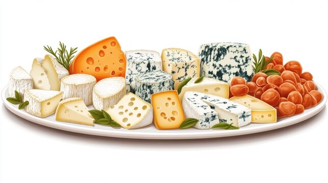 recommend clip art: Gourmet Cheese Platter with Blue Cheese Brie and Cheddar on White Background
