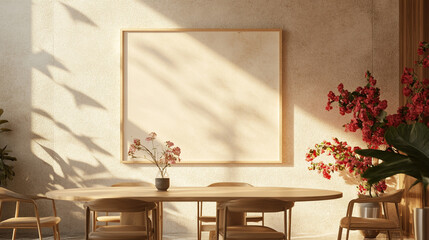 Minimalist and modern interior background of the minimalist Scandinavian style living room in high, Modern beige interior mockup featuring a wooden chair and natural light through wood paneling